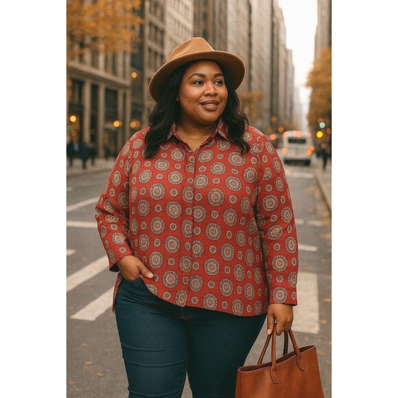 Christie & Jill Red Geometric Print Button Front Blouse Size 20 Top Retro Boho - Picture 1 of 15